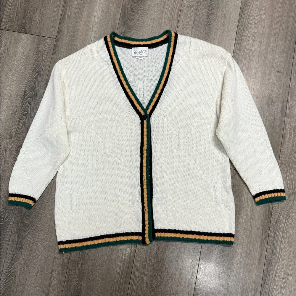 Vtg Arnold Palmer White Cardigan Sweater with Striped Trim - Picture 2 of 8